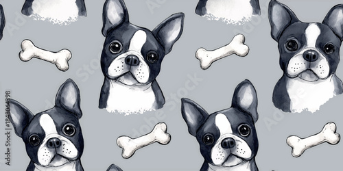 Stylish Boston Terrier dog and bone seamless pattern for modern pet accessories, canine-themed textiles, nursery wallpapers, branding, and dog lover stationery