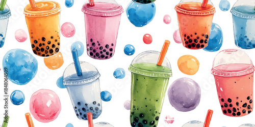 Assorted colorful bubble tea cups with floating pearls seamless pattern for cafe identity, packaging, textiles, wallpapers, wrapping paper, and modern stationery design