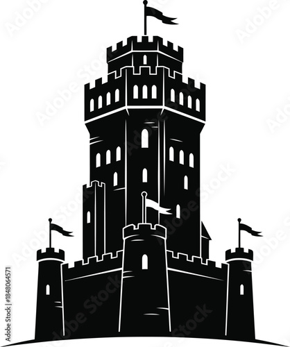 Medieval castle tower with flags and battlements illustration