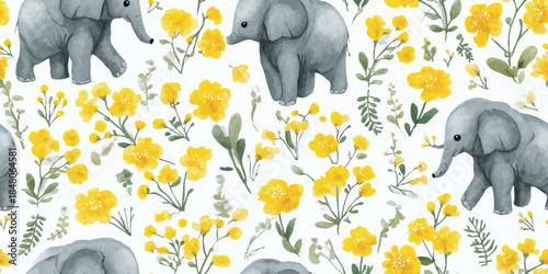 Tiny grey elephants walking through yellow flowers seamless pattern for nursery decor, children's textiles, wallpapers, packaging, stationery, and baby branding design