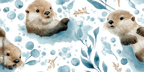 Cute watercolor otter swimming among blue green leaves seamless pattern for baby textiles, nursery wallpaper, packaging, stationery, home decor, and branding design