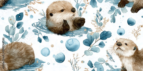 Cute watercolor otter swimming among blue green leaves seamless pattern for baby textiles, nursery wallpaper, packaging, stationery, home decor, and branding design