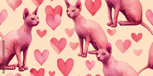 Pink Sphynx cat with watercolor hearts seamless pattern for Valentine's Day gifts, pet shop branding, textiles, wallpapers, stationery, wrapping paper, and home decor