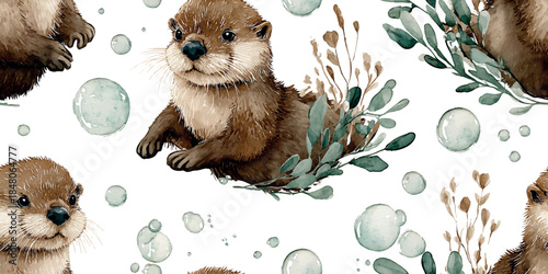 Cute watercolor otter swimming among blue green leaves seamless pattern for baby textiles, nursery wallpaper, packaging, stationery, home decor, and branding design