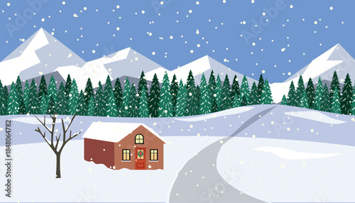 Cozy Winter Landscape with Snowy Mountains and a Small Cabin. Winter house illustration. Snowy countryside.