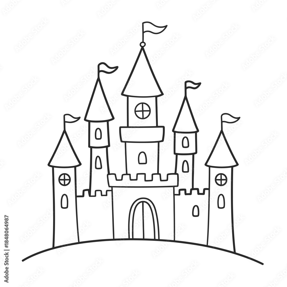 Obraz premium A simple black and white drawing of a fairytale castle with flags
