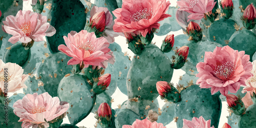 Vibrant blooming cactus with pink flowers seamless pattern for summer textiles, home decor, wallpapers, packaging, branding, stationery, wrapping paper, and botanical design