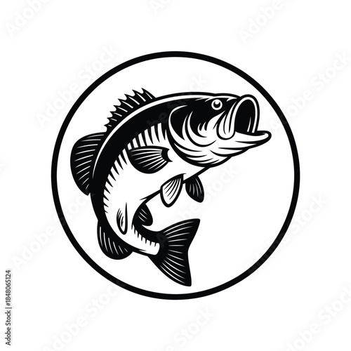 Black and white illustration of a largemouth bass within a circular frame