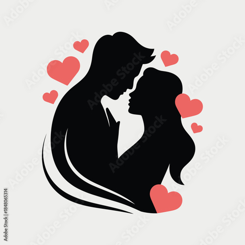 Silhouetted couple embracing surrounded by floating pink hearts a romantic scene