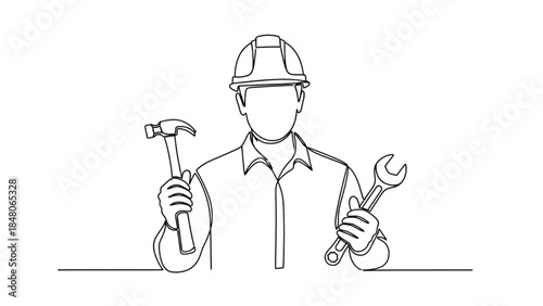 High-quality black continuous line art of an adult construction worker wearing a helmet and holding tools, skilled labor, building site illustration, minimalistic design