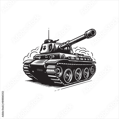 Military Tank Logo Vector Illustration. Dynamic Armored Vehicle Graphic Design Element in Bold Black and White Style