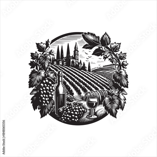 Elegant Vineyard Landscape Black and White Logo Vector Illustration Featuring Wine Bottle, Glass, and Grapevines, Ideal for Winery and Beverage Branding