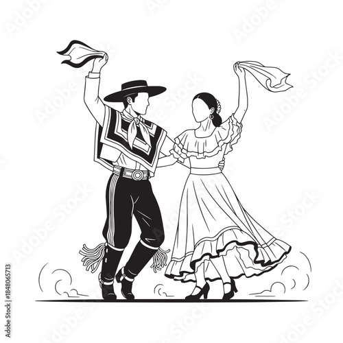 Traditional folk dance couple in period attire performing a lively dance.