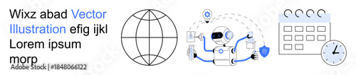 Artificial intelligence, automation, global communication, scheduling, technology integration, digital tools. Robot interacting with devices, globe calendar and clock. Artificial intelligence