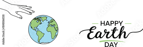 Earth Day vector with hand reaching toward green-blue globe and elegant text for environmental awareness and sustainability design.