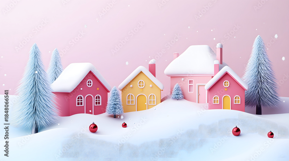 Fototapeta premium Christmas winter village with colorful houses and snow-covered pine trees with festive and cozy holiday atmosphere. Perfect for Christmas cards, winter banner promotions. 