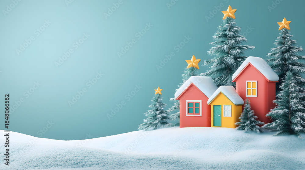 Fototapeta premium Christmas winter village with colorful houses and snow-covered pine trees with festive and cozy holiday atmosphere. Perfect for Christmas cards, winter banner promotions. 