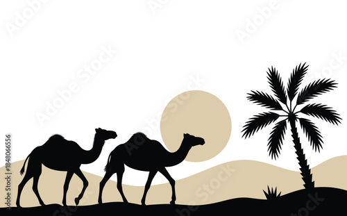 Camels walking in desert landscape with palm tree