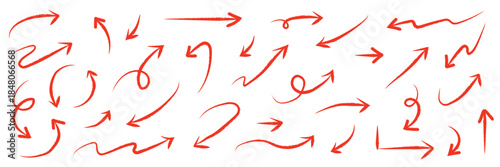 Hand drawn brush sketch arrow line curve up, down and side arrow in various style. Crayon brushes arrow set vector illustration.