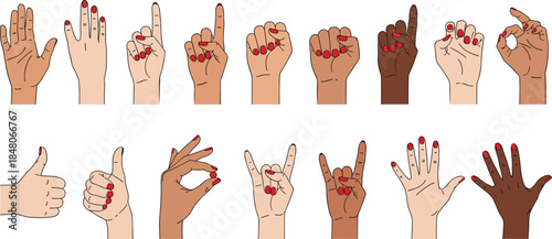 Hand Gestures Vector Set. Diverse Skin Tone Hands with Red Nail Polish Showing Counting, Waving, and Thumbs Up Signs.