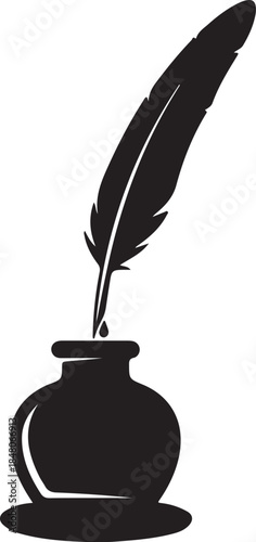 A black feather quill pen dipped in an inkwell with a drop of ink falling also transparent background