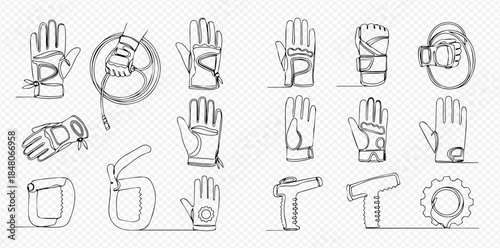 Continuous line drawing of various sports gloves and protective gear, a collection of hand protection for different activities.