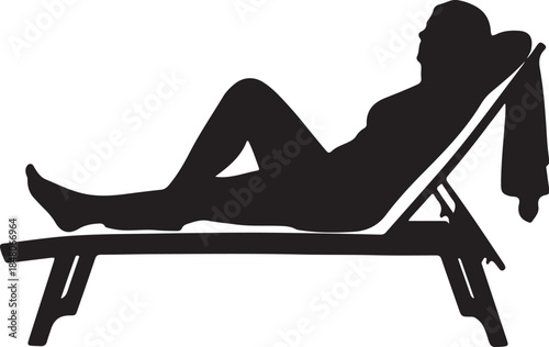 Silhouette of a person reclining on a deck chair with a towel draped over the side also transparent background