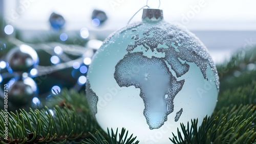 Icy Christmas Globe Ornament on Fir Branches with Bokeh Lights