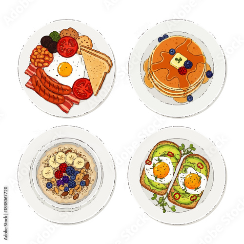 Variety of Delicious Breakfast Dishes on White Plates