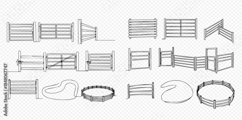 Set of hand-drawn sketches depicting various cattle pens and corrals for farm animals.