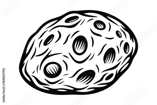 Cartoon Asteroid, Comic Space Rock, Cratered Surface, Rough Texture, Black and White Art
