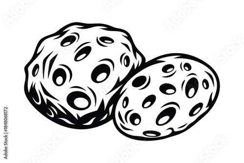 Cartoon Black and White Asteroids Clipart with Craters and Debris on Isolated Space