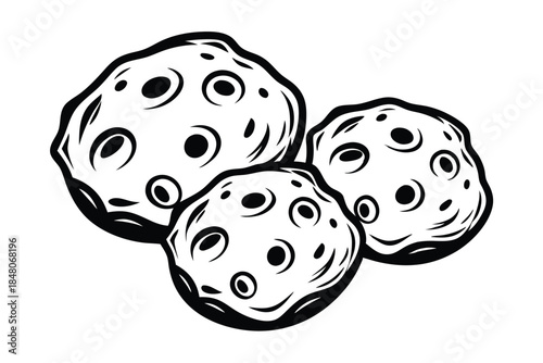 Monochrome Cartoon Asteroids with Craters and Rough Surface in Black and White Space