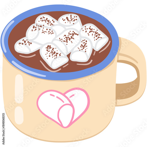 hot cocoa and heart marshmallow in enamel cup for wintertime of couple flat doodle hand-drawn