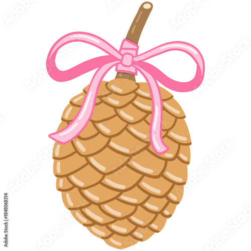 glossy pine cone or conifer cone with cute bow for winter christmas flat doodle hand-drawn