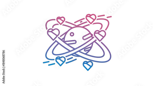 Whimsical Artistic Illustration of a Planet Surrounded by Floating Hearts and Dynamic Motion Lines