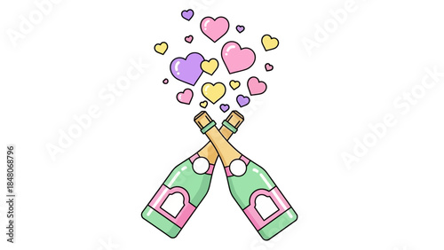 Whimsical Celebration of Love with Joyful Bottles and Floating Hearts Graphics