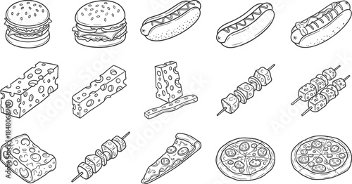 Hand-drawn fast food collection featuring burgers, hotdogs, cheese blocks, skewers, pizza slices, and whole pizzas in detailed vector style