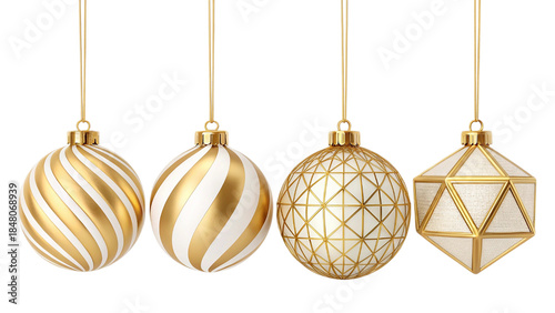 Elegant Hanging Gold Baubles Geometric Christmas Decorations Vector on White