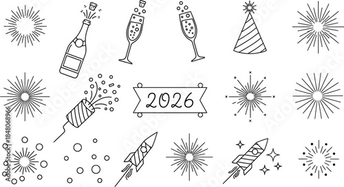 Festive New Year 2026 celebration with fireworks, balloons, champagne, streamers, stars, party hats, joyful unity worldwide