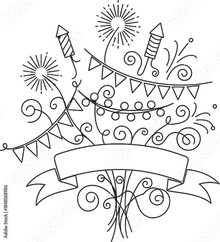 Celebratory fireworks rockets with streamers, banners, glowing lights, festive joy, unity, happiness, cheerful party vibes