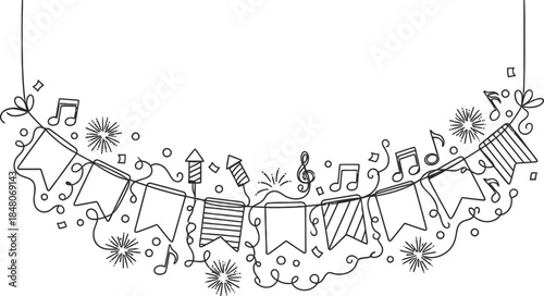 Decorative festive garland with musical notes, fireworks, streamers, flags, joyful celebration, unity, happiness worldwide