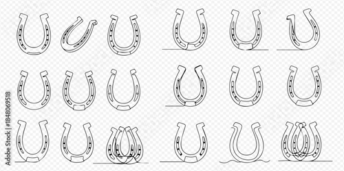 Set of lucky horseshoe line art drawings, symbol of good fortune and protection.