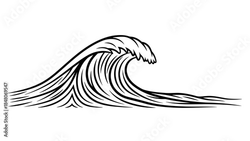 Stylized black and white illustration of a large ocean wave cresting, isolated on white