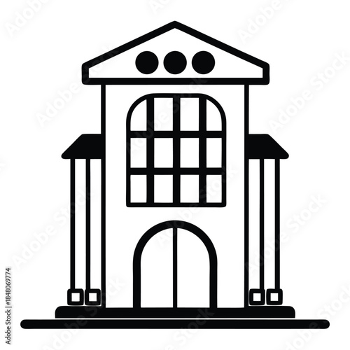 Classic Architecture, Dark Gray Bank Building Silhouette with Dollar Symbol in Circle