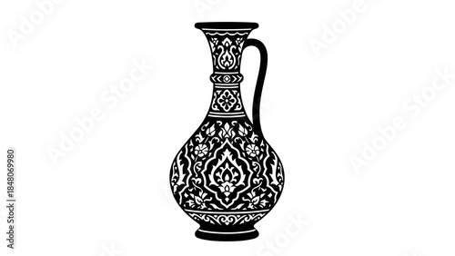 Intricate black and white traditional ceramic vase with floral patterns, isolated on white.