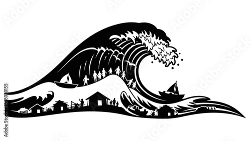 Massive tidal wave engulfs coastal village with people and boats in silhouette