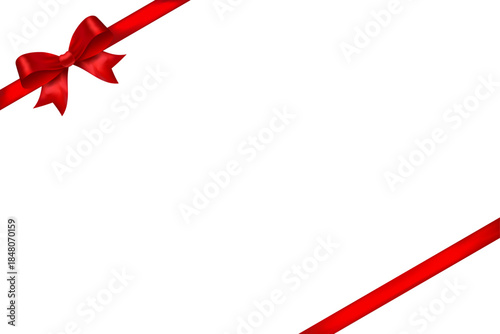 Red satin ribbon frame with glossy bow in top left corner, decorative vector element for greeting cards, invitations, festive layouts and placeholder design