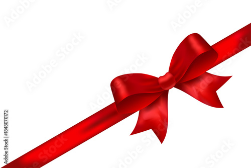 Red satin diagonal ribbon with shiny bow for bottom right corner, decorative vector element for festive frames, holiday placeholders and seasonal layouts