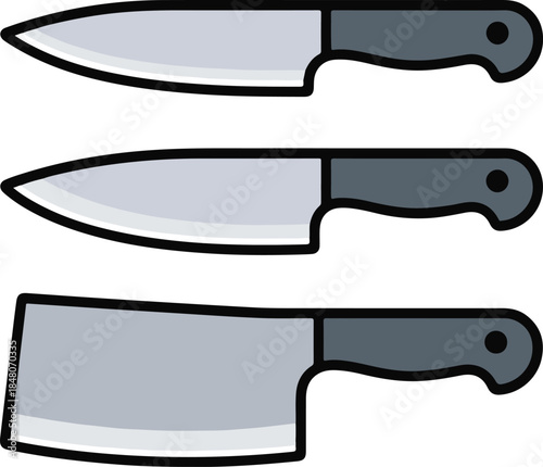 Short kitchen knives and small cleaver, bold outlined vector illustration